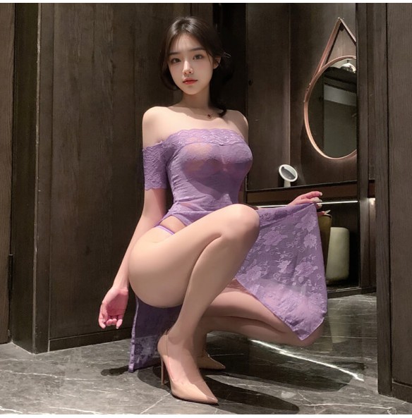 FEE ET MOI - Sheer Rose Off-Shoulder Cheongsam (Purple) FEE ET MOI - Sheer Rose Off-Shoulder Cheongsam (Purple)